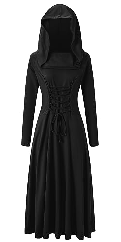 Gothic Cosplay Damen Robe Langarm Schwarz Langes Kleid mit Kapuze Renaissance Schnürung Cocktailkleid Mittelalter Retro Kostüme Partykleider Maskeradekostüme für Karneval Geeignet (XXL,Schwarz) von chuangminghangqi