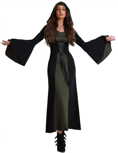 Gothic Damen Halloween Kostüm mit Kapuze Renaissance Kostüme Schnüren Mittelalter Patchwork Kleid Trompetenärmel Langes Hexenkostüm Karnevalskostüm Vampirkostüm Elegantes Cocktailkleid(Grün,L) von chuangminghangqi