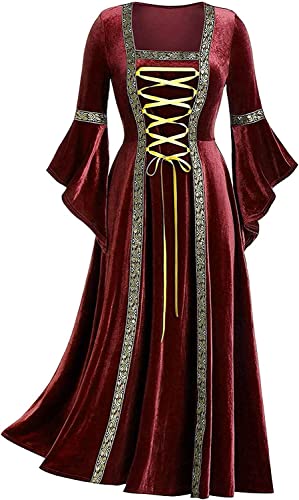 Halloween Kostüm Damen Kleider Hexenkostüm 80er Jahre Mittelalter Kleidung für Frauen Goldener Samt Trompetenärmel Retro Kostüm Renaissance Kleid Partykleid Vintage Clothes(Large,Weinrot) von chuangminghangqi