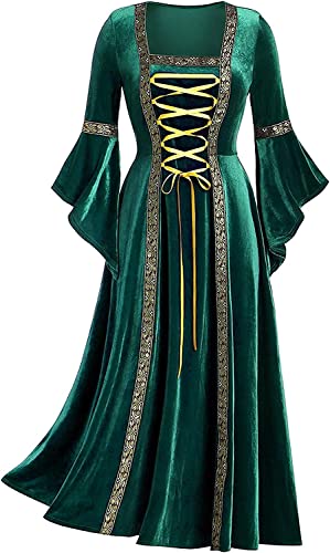 Halloween Kostüm Damen Kleider Hexenkostüm 80er Jahre Mittelalter Kleidung für Frauen Goldener Samt Trompetenärmel Retro Kostüm Renaissance Kleid Partykleid Vintage Clothes(Medium,Grün) von chuangminghangqi