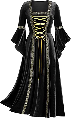 Halloween Kostüm Damen Kleider Hexenkostüm 80er Jahre Mittelalter Kleidung für Frauen Goldener Samt Trompetenärmel Retro Kostüm Renaissance Kleid Partykleid Vintage Clothes(XX-Large,Schwarz) von chuangminghangqi