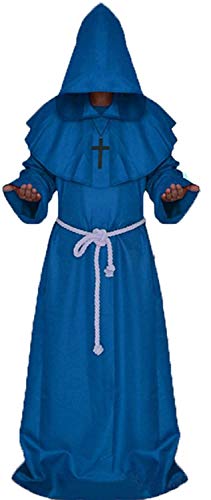 Mittelalterliches Priesterkostüm Herren Cosplay Halloween Outfit Mönchskostüm Erwachsene Umhang mit Kapuze Zauberer Priesterrobe für Karneval Gotik Renaissance Zauberer Ritter(S,Blau) von chuangminghangqi