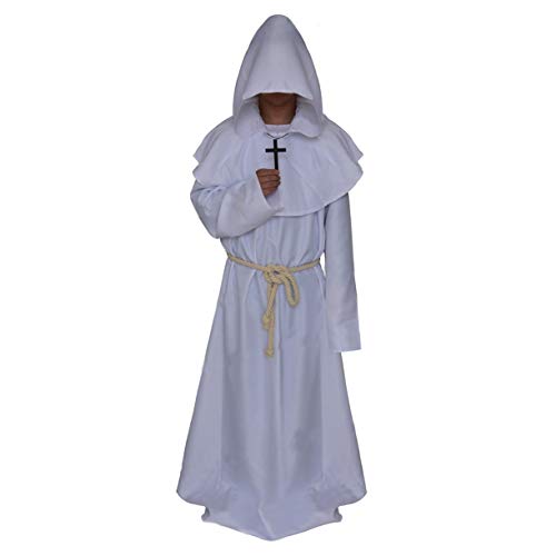 Mittelalterliches Priesterkostüm Herren Cosplay Halloween Outfit Mönchskostüm Erwachsene Umhang mit Kapuze Zauberer Priesterrobe für Karneval Gotik Renaissance Zauberer Ritter(S,Weiß) von chuangminghangqi