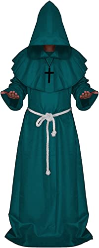 Mönchskostüm Erwachsene Herren Zauberer Priesterrobe Halloween Kostüm Outfit Mittelalterlicher Umhang mit Kapuze Frater Kapuze für Karneval Cosplay Gotik Zauberer Ritter Renaissance(L,Grün) von chuangminghangqi