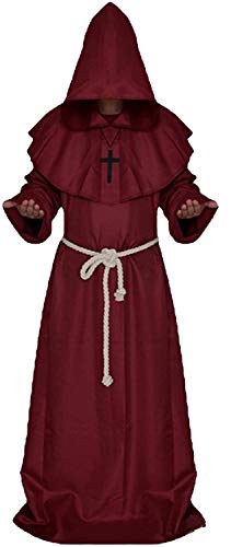 Mönchskostüm Erwachsene Herren Zauberer Priesterrobe Halloween Kostüm Outfit Mittelalterlicher Umhang mit Kapuze Frater Kapuze für Karneval Cosplay Gotik Zauberer Ritter Renaissance(L,Rot) von chuangminghangqi