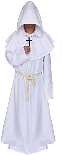 chuangminghangqi Gruselkloster Kostüm Mittelalterliches Priesterkostüm Herren Horror Mönchskostüm Halloween Mönchsrobe Kostüm XXL Mönchsanzug Klosterrobe Renaissance Priesterobe Outfit(XXL,Weiß) von chuangminghangqi