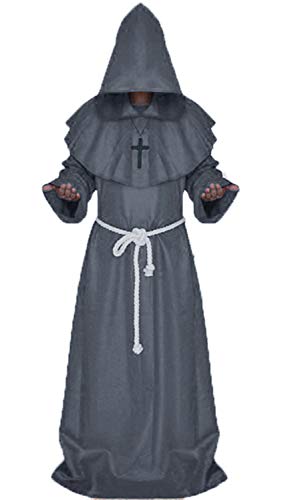 chuangminghangqi Halloween Mönchsrobe Mittelalterliches Mönchskostüm Horror Klosterbruder Kostüm Dunkler Mönch Verkleidung Mönchspriester Kostüme Renaissance Zauberer Ritterkostüm(XL,Grau) von chuangminghangqi