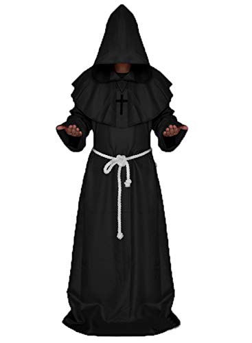 chuangminghangqi Halloween Mönchsrobe Mittelalterliches Mönchskostüm Horror Klosterbruder Kostüm Dunkler Mönch Verkleidung Mönchspriester Kostüme Renaissance Zauberer Ritterkostüm(XL,Schwarz) von chuangminghangqi