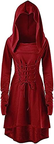 chuangminghangqi Renaissance Kostüm Damen Robe zum Schnüren Mittelalter Kleid mit Kapuze Langarm Retro Gothic Cosplay Halloween Karneval (L, Rot) von chuangminghangqi