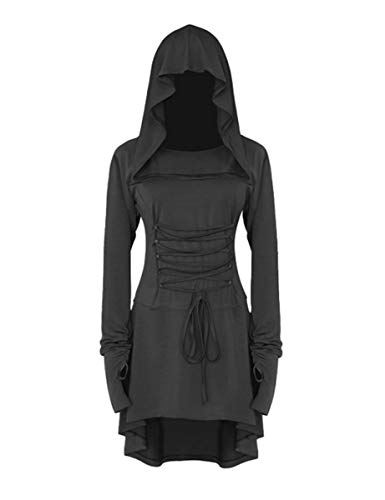 chuangminghangqi Renaissance Kostüm Damen Robe zum Schnüren Mittelalter Kleid mit Kapuze Langarm Retro Gothic Cosplay Halloween Karneval (L, Schwarz) von chuangminghangqi