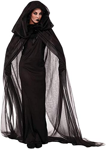 chuangminghangqi Schwarze Geisterbraut Halloween Kostüm Damen böse Königin Abendkleid, Karneval Ausführen Kostüme Erwachsene Hexenkostüm Horror Vampir Lange Kleid mit Kapuze (schwarz, L) von chuangminghangqi