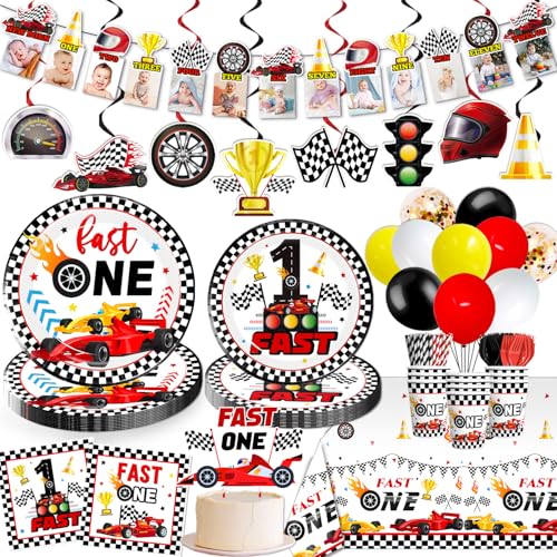 186pcs Fast One Birthday Dekorationen für Jungen Geschirr Fast One Birthday Dekorationen Banner Rennauto Teller und Servietten Partyzubehör Erste Runde Um Die Strecke Geburtstagsdekorationen Servieren von cocomigo