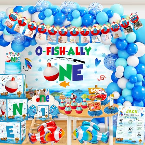 Ofishally One Birthday Dekorationen, O Fishally One First Birthday Dekorationen, Bobber Banner mit Lichterkette, Kuchendekoration, Ofishally One Ballons für Gone Fishing Party Dekorationen, 117 Stück von cocomigo