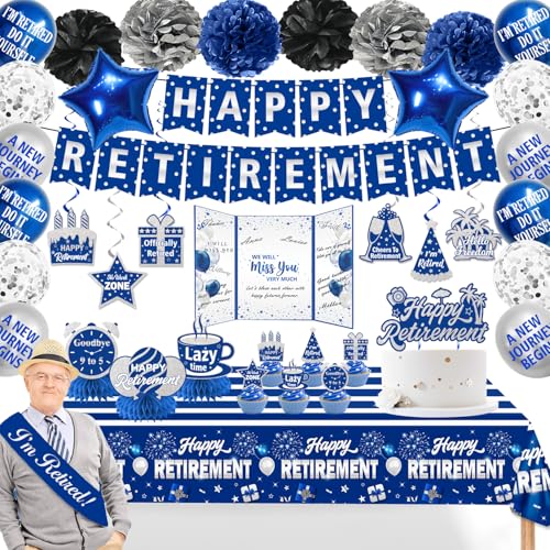 Partydekorationspaket für den Ruhestand, 49 Stück, inklusive Happy Retirement-Banner, hängende Wirbelballons, Papier-Pompons, Ruhestandskarte, Wabendekoration, Schärpe und Tischdecke von cocomigo