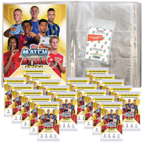 Bundle mit Match Attax Champions League 2024/25 EXTRA - Trading Cards - 1 Leere Sammelmappe + 20 Booster + Exklusive Collect-it Hüllen von collect-it.de MY HOME OF CARDS + TOYS