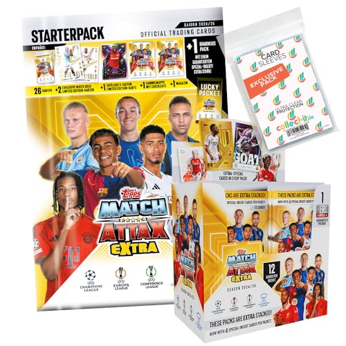 Bundle mit Match Attax Champions League 2024/25 EXTRA - Trading Cards - 1 Starter + 1 Display (24 Booster) + Exklusive Collect-it Hüllen,1 Booster mit 12 Karten, mindestens 4 Spezial Karten dabei von collect-it.de MY HOME OF CARDS + TOYS