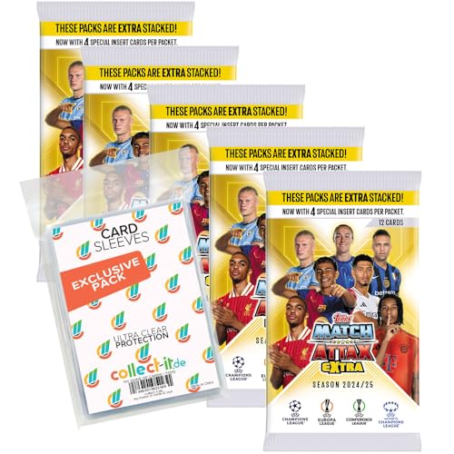 Bundle mit Match Attax Champions League 2024/25 EXTRA - Trading Cards - 5 Booster + Exklusive Collect-it Hüllen von collect-it.de MY HOME OF CARDS + TOYS