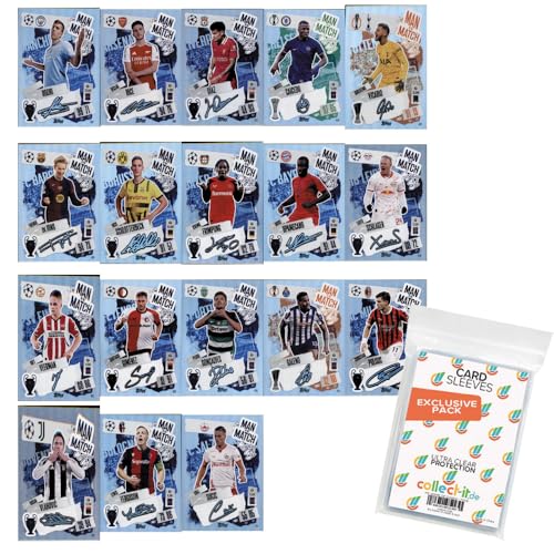 Bundle mit Match Attax Champions League 2024/25 - Trading Cards - Alle 18 Man of The Match Signature Style Karten + Exklusive Collect-it Hüllen von collect-it.de MY HOME OF CARDS + TOYS