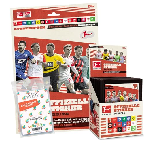 Bundle mit Topps Bundesliga Sammelsticker 2023/24-1 Display (50 Tüten) + Sticker-Starter(Album inkl. 20 Sticker)+ Exklusive Collect-it Hüllen von collect-it.de MY HOME OF CARDS + TOYS