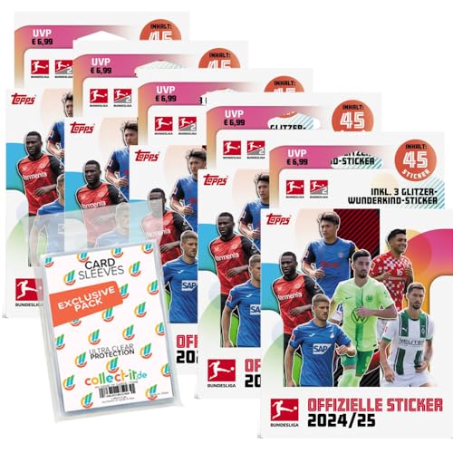 Bundle mit Topps Bundesliga Sammelsticker 2024/2025-5 Blister+ Exklusive Collect-it Hüllen von collect-it.de MY HOME OF CARDS + TOYS