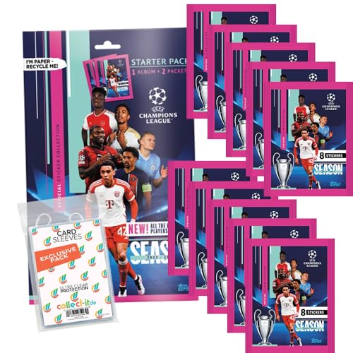 Bundle mit Topps - Champions League 2023/24 - Sammelsticker - 1 Starterpack + 10 Tüten + Exklusive Collect-it Hüllen von collect-it.de MY HOME OF CARDS + TOYS