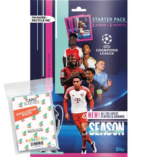 Bundle mit Topps - Champions League 2023/24 - Sammelsticker - 1 Starterpack + Exklusive Collect-it Hüllen von collect-it.de MY HOME OF CARDS + TOYS