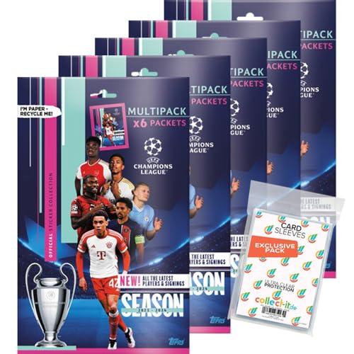 Bundle mit Topps - Champions League 2023/24 - Sammelsticker - 5 Multipack + Exklusive Collect-it Hüllen von collect-it.de MY HOME OF CARDS + TOYS