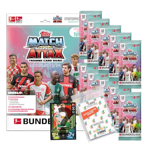 Bundle mit Topps Match Attax Bundesliga - 2023/24-1 Starter + 10 Booster + 1 seltene Nationalspiel Karte + Exklusive Collect-it Hüllen von collect-it.de MY HOME OF CARDS + TOYS