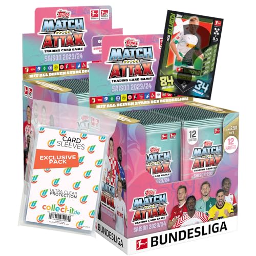 Bundle mit Topps Match Attax Bundesliga - 2023/24-2 Display (72 Booster) + 1 seltene Nationalspiel Karte + Exklusive Collect-it Hüllen von collect-it.de MY HOME OF CARDS + TOYS