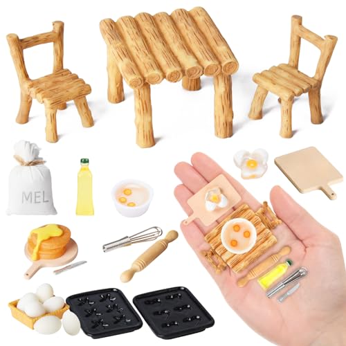 Colmanda Miniatur Wichtel Zubehör, 22 Stück Puppenhaus Zubehör, Mini Puppenhaus Küche Backen Set, Mini Wichtelhaus Tisch und Stühle, Miniatur Eier Milchbrot Mehlbeutel, Weihnachten Deko von colmanda