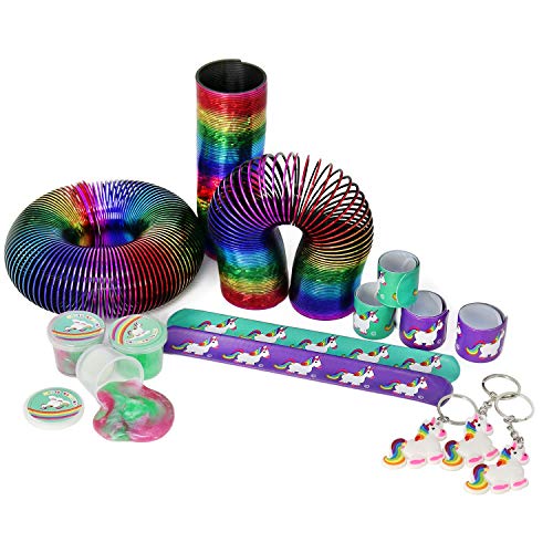 com-four® 15-teiliges Mitgebsel Set mit Einhorn Motiven für Kindergeburtstage bestehend aus Schnapparmband, Schlüsselanhänger, Schleim und Regenbogen-Spirale (015 teilig) von com-four