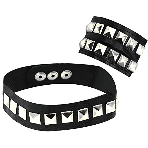 com-four® 2-teiliges Set Armband und Halsband mit Pyramidennieten in Lederoptik, Rocker, Biker, Punk, Steampunk aus Kunstleder für Partygänger, Halloween & Fasching (02 Stück - Armband/Halsband V1) von com-four