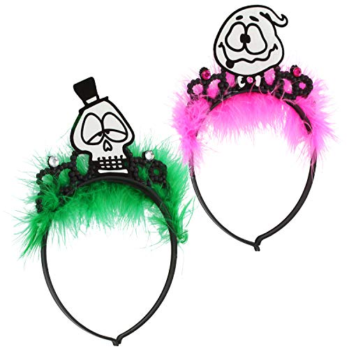 com-four® 2x Haarreif Halloween - Haarreif mit Totenkopf- und Geist-Motiv in grün und pink - Kostüm für Halloween und Fasching (02 Stück - Schädel/Geist) von com-four