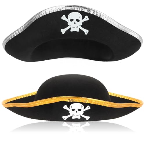 com-four® 2x Piratenhut mit Totenkopf - kleine Seeräuber-Kopfbedeckung mit Krempe - Kostümzubehör für Fasching, Karneval, Halloween, Mottoparty - Freibeuter von com-four