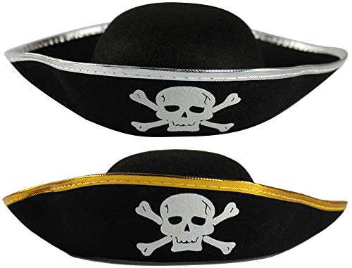 com-four® 2x Piratenhut mit Totenschädel - Hut für Kinder und Erwachsene mit silberfarbener + goldfarbener Krempe - Kostüm für Fasching, Karneval, Halloween (02 Stück - Pirat goldfarben/silberfarben) von com-four