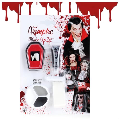 com-four® 5-teiliges Halloween Schmink-Set - Vampir Kostüm-Zubehör mit Vampirzähnen, Kunstblut, Schwamm, Klebeperlen und Schminkpalette von com-four