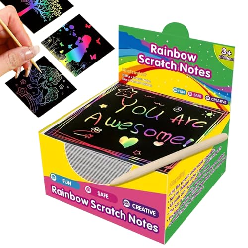 Magic Paper Art, Kratzbilder für Kinder, 100 Blätter Regenbogen Kratzpapier A4 Kratzpapier Set DIY Rainbow Magic Scratch Book Kratzbilder Leuchtend Kreatives Kratzbild für Erwachsene Kinder (Quad) von comepew