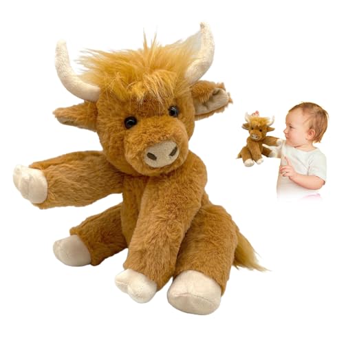 comepew Scottish Highland Cow Soft Plush Toy, 2024 Neuest Hochlandkuh Plüsch, 25CM Highland Cow Stofftier mit Blume Musik Highland Cow Plush Toy Beweglich Kuscheltier Kuh Toy Highland Kuh (Braun) von comepew