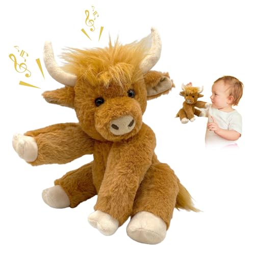 comepew Scottish Highland Cow Soft Plush Toy, 2024 Neuest Hochlandkuh Plüsch, 25CM Highland Cow Stofftier mit Blume Musik Highland Cow Plush Toy Beweglich Kuscheltier Kuh Toy Highland Kuh (Music-B) von comepew