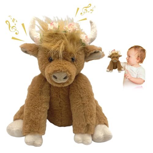 comepew Scottish Highland Cow Soft Plush Toy, 2024 Neuest Hochlandkuh Plüsch, 25CM Highland Cow Stofftier mit Blume Musik Highland Cow Plush Toy Beweglich Kuscheltier Kuh Toy Highland Kuh (Music-B1) von comepew