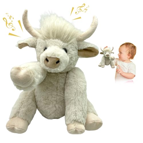 comepew Scottish Highland Cow Soft Plush Toy, 2024 Neuest Hochlandkuh Plüsch, 25CM Highland Cow Stofftier mit Blume Musik Highland Cow Plush Toy Beweglich Kuscheltier Kuh Toy Highland Kuh (Music-W) von comepew