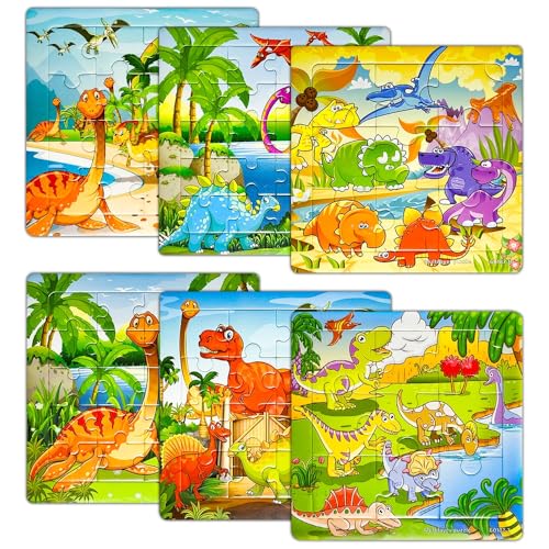 comvastars Holzpuzzle-Set, 6-teilig, buntes Puzzle für Kinder ab 3 Jahren, 90-teiliges Rahmenpuzzle für Kinder, Spielzeugpuzzle für Kinder im Alter von 3 4 5 6 Jahren(Dinosaurier) von comvastars