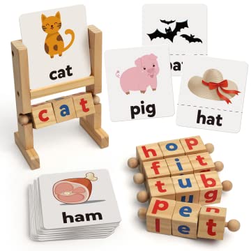 Coogam Farbblöcke Rechtschreibspiele, Karteikarten Holz Matching Letter Puzzle für Kinder, 2 in 1 Sehwörter Montessori Spinning Alphabet Manipulatives Lernspielzeug für Kleinkinder Jungen Mädchen von Coogam