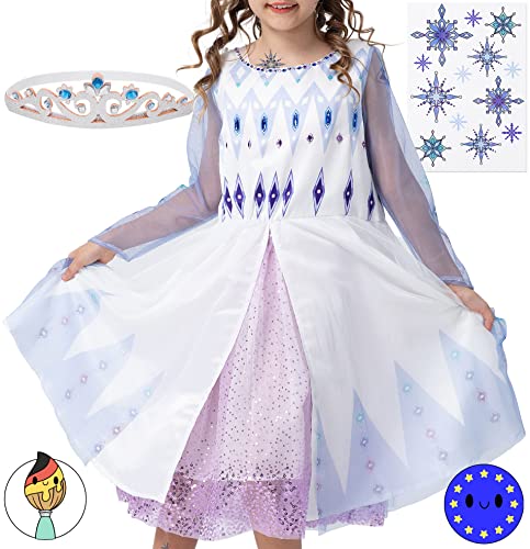 corimori Eiskönigin Kostüm Kleid für Elsa Fans | mit Tattoos & Diadem | Prinzessinenkleid für Fasching | hellblau-weiß, Größe 104/110 von corimori