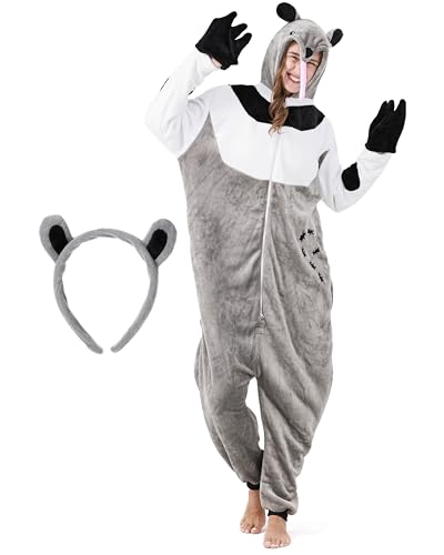 corimori Flauschiges Ameisenbär-Kostüm für Erwachsene mit Haarreif | Karneval Kostüm Onesie für Damen, Herren | Körpergröße 150-160cm von corimori