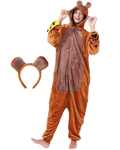 corimori Flauschiges Bären-Kostüm für Erwachsene mit Haarreif | Karneval Kostüm Onesie für Damen, Herren | Körpergröße 160-170cm von corimori