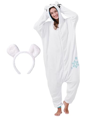 corimori Flauschiges Eisbär-Kostüm für Erwachsene mit Haarreif | Karneval Kostüm Onesie für Damen, Herren | Körpergröße 150-160cm von corimori