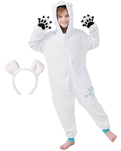 corimori Flauschiges Eisbären-Kostüm für Kinder mit Haarreif | Karneval Fasching Kostüm Onesie für Mädchen, Jungen | Körpergröße 110-130cm von corimori