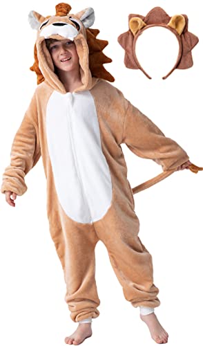 corimori Flauschiges Löwen-Kostüm für Kinder mit Haarreif | Karneval Fasching Kostüm Onesie für Mädchen, Jungen | Körpergröße 110-130cm von corimori