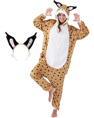 corimori Flauschiges Luchs-Kostüm für Erwachsene mit Haarreif | Karneval Kostüm Onesie für Damen, Herren | Körpergröße 150-160cm von corimori